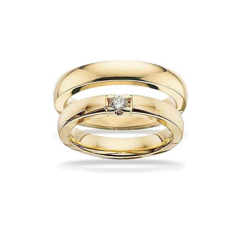 Eksklusive Scrouples Grace vielsesringe i 14 karat guld 3,70 mm med 0,11 ct diamant – blanke og med afrundede kanter.